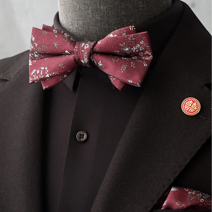 Lot de 2 mouchoirs et nœuds papillon à motif floral bordeaux pour homme