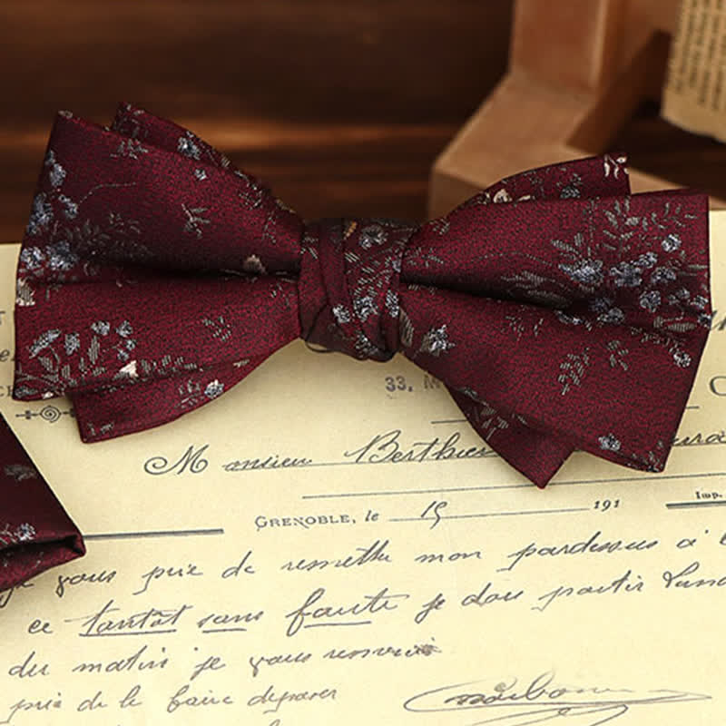 Lot de 2 mouchoirs et nœuds papillon à motif floral bordeaux pour homme