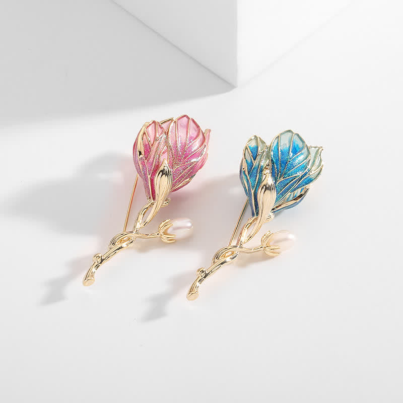 Broche en émail pour femme en forme de fleur de magnolia