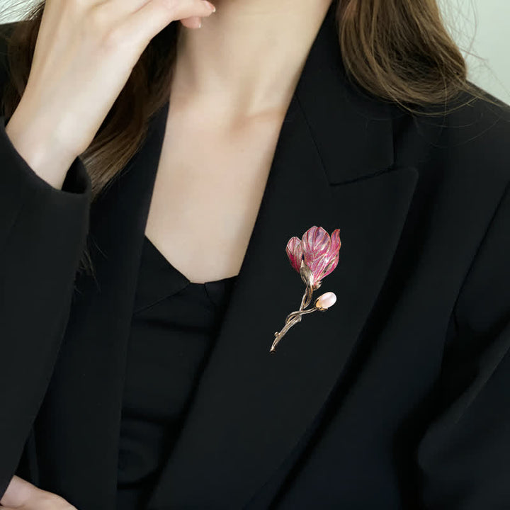Broche en émail pour femme en forme de fleur de magnolia