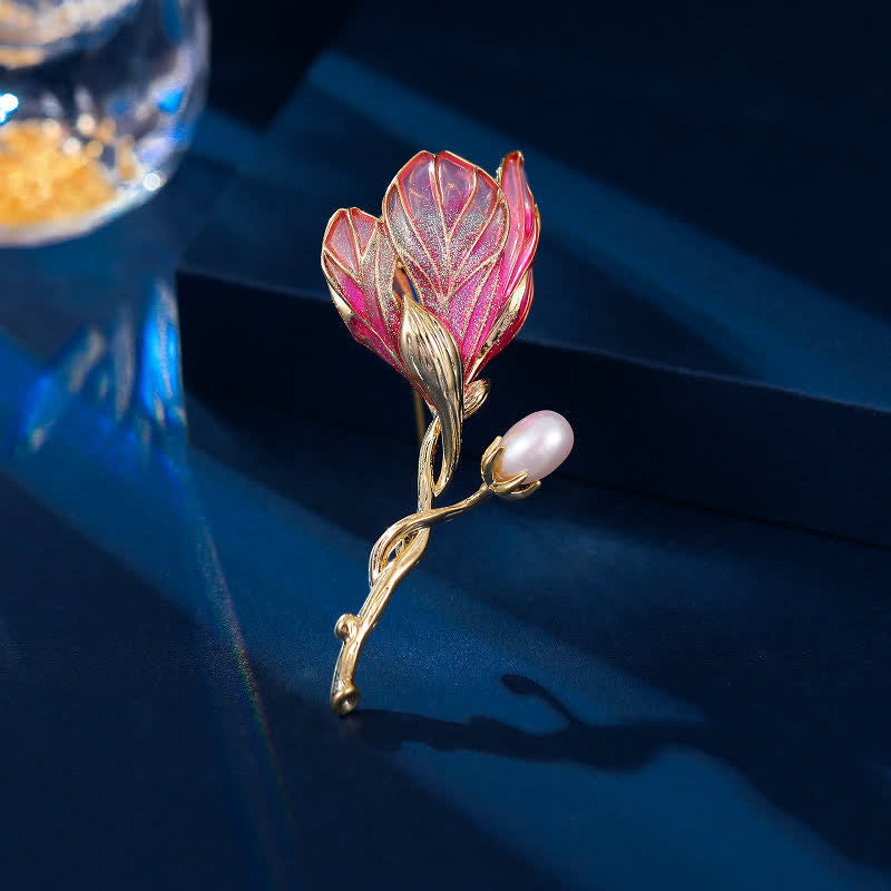 Broche en émail pour femme en forme de fleur de magnolia