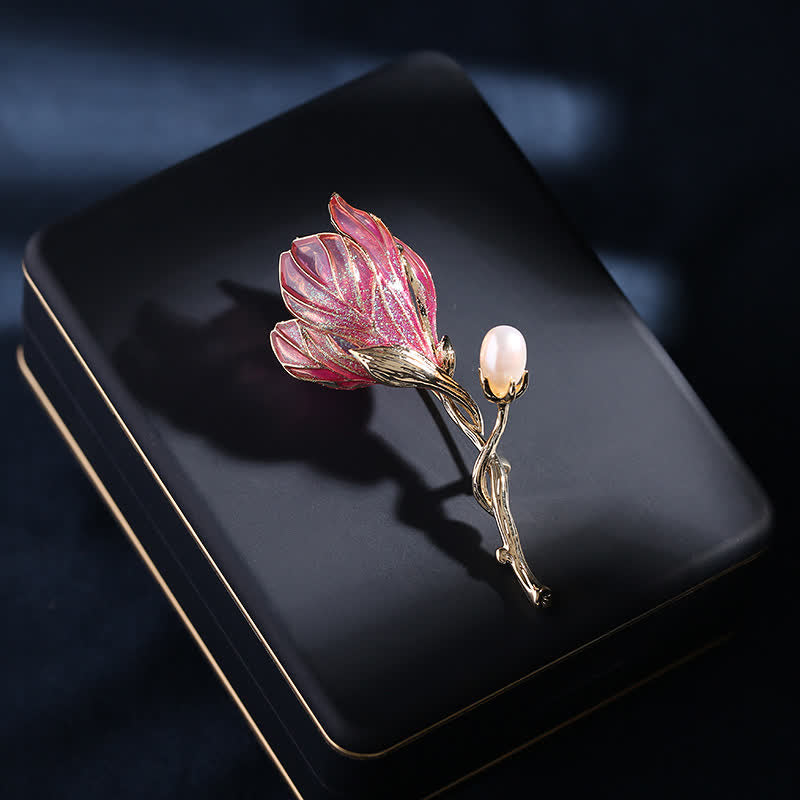 Broche en émail pour femme en forme de fleur de magnolia