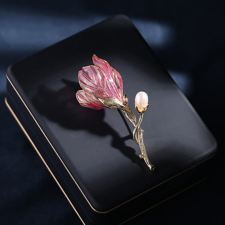 Broche en émail pour femme en forme de fleur de magnolia