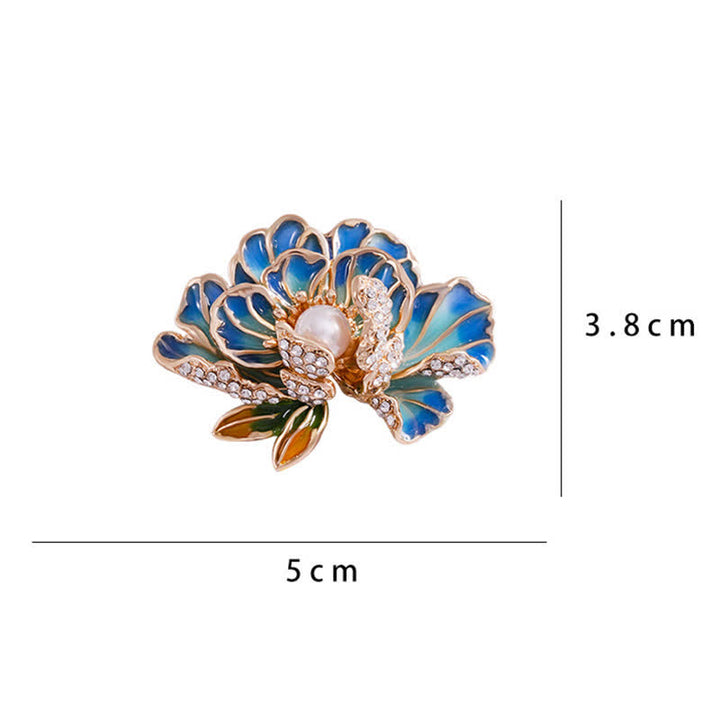 Broche pour femme en émail avec fleurs de pivoine et perles incrustées