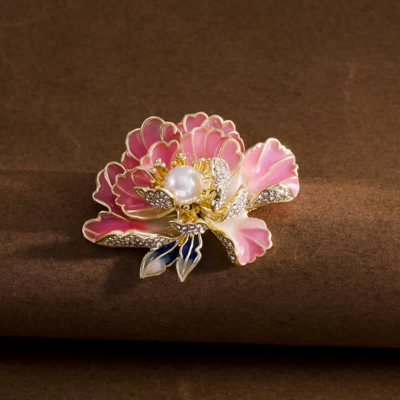 Broche pour femme en émail avec fleurs de pivoine et perles incrustées