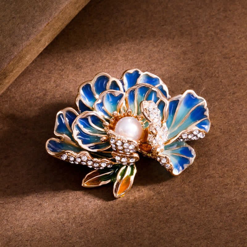 Broche pour femme en émail avec fleurs de pivoine et perles incrustées