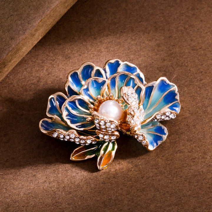 Broche pour femme en émail avec fleurs de pivoine et perles incrustées