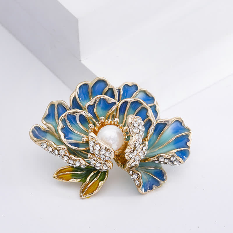 Broche pour femme en émail avec fleurs de pivoine et perles incrustées