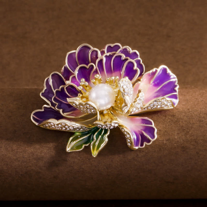 Broche pour femme en émail avec fleurs de pivoine et perles incrustées