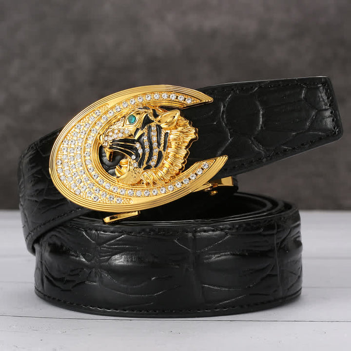 Ceinture en cuir à motif crocodile avec boucle dorée pour homme