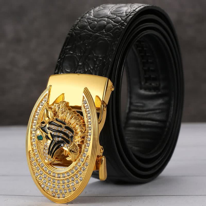 Ceinture en cuir à motif crocodile avec boucle dorée pour homme