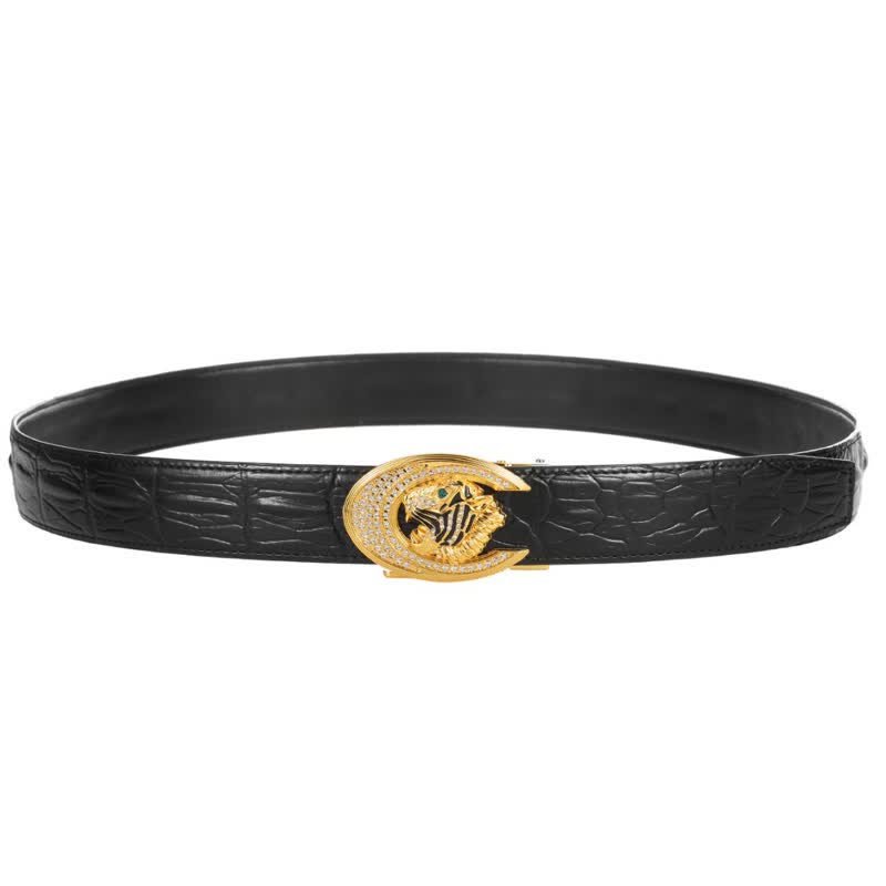 Ceinture en cuir à motif crocodile avec boucle dorée pour homme
