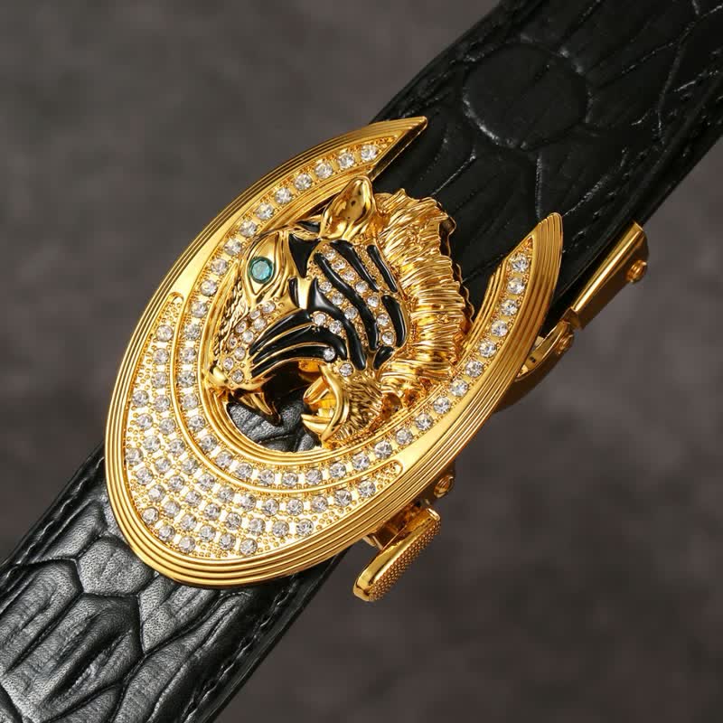 Ceinture en cuir à motif crocodile avec boucle dorée pour homme