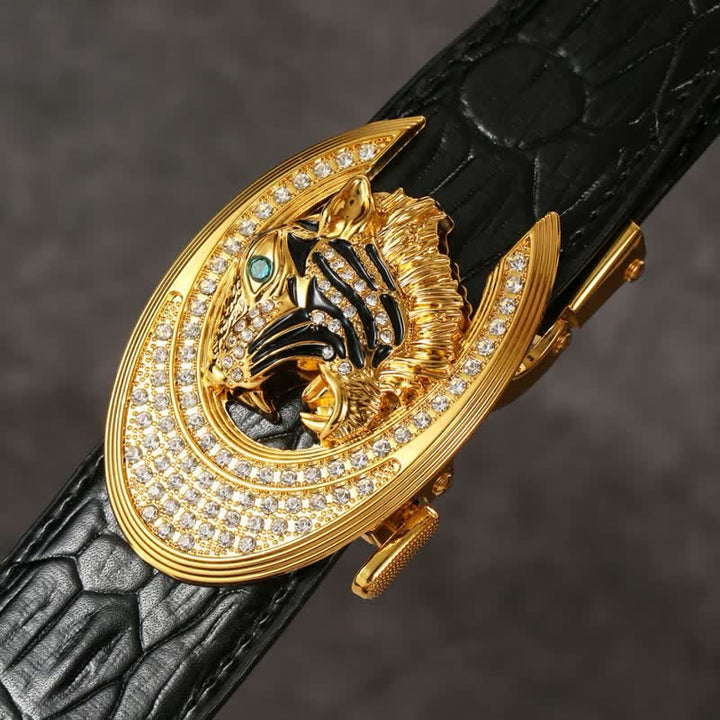 Ceinture en cuir à motif crocodile avec boucle dorée pour homme