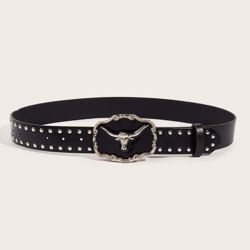 Ceinture en cuir à rivets pour homme avec motif taureau Longhorn noir