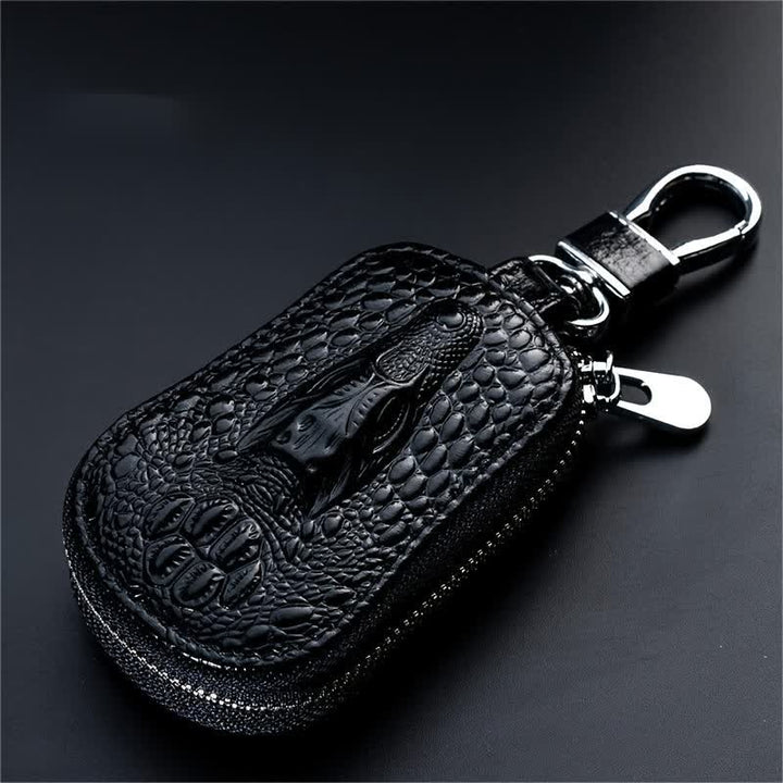 Mini étui à clés de voiture en cuir avec fermeture éclair en crocodile - Noir - image 2