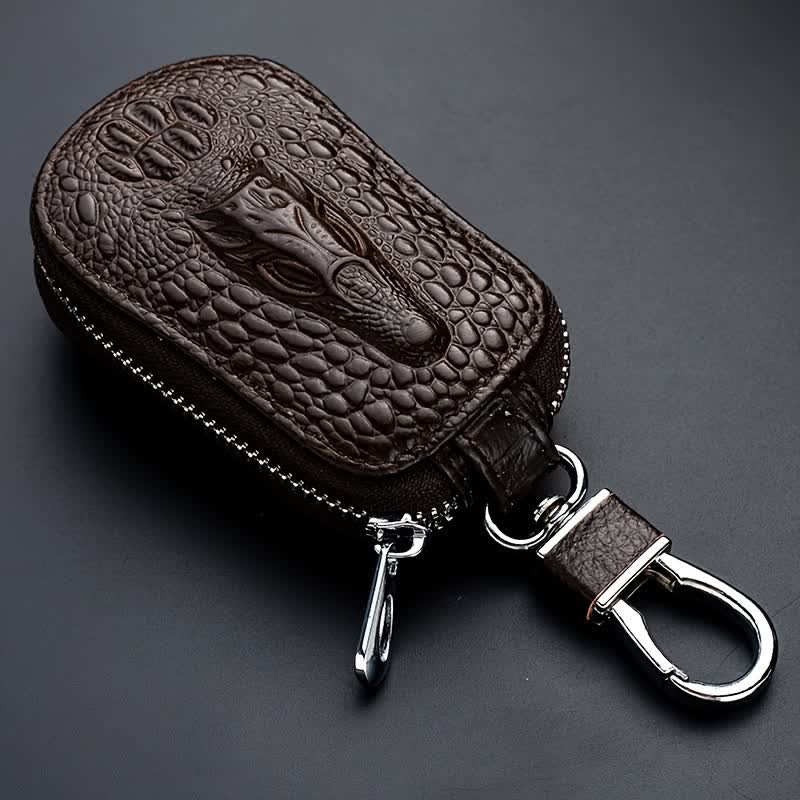 Mini étui à clés de voiture en cuir avec fermeture éclair en crocodile - Café - image 1