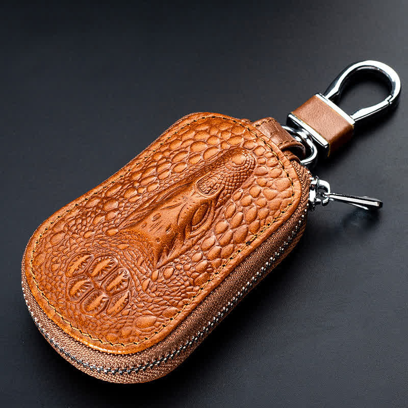 Mini étui à clés de voiture en cuir avec fermeture éclair en crocodile