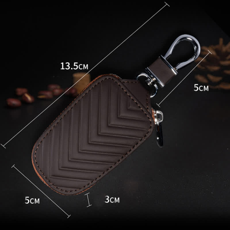 Étui à clés de voiture multifonction en cuir avec fermeture éclair et motif en V