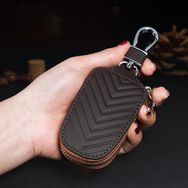 Étui à clés de voiture multifonction en cuir avec fermeture éclair et motif en V - Brun - image 1