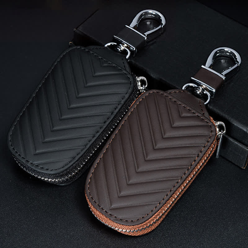 Étui à clés de voiture multifonction en cuir avec fermeture éclair et motif en V - image 0