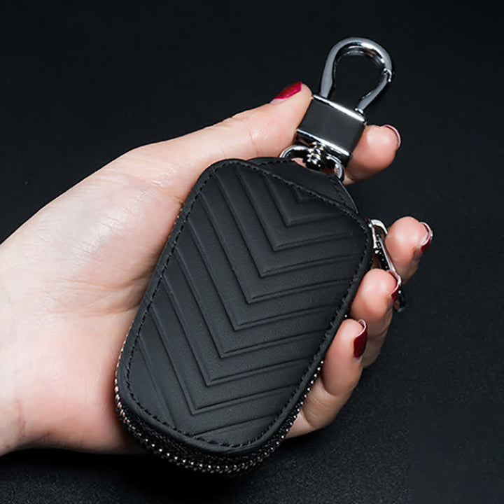 Étui à clés de voiture multifonction en cuir avec fermeture éclair et motif en V