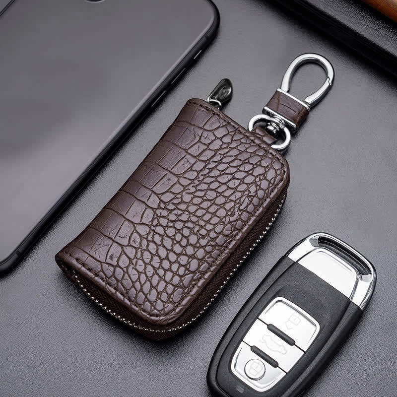 Étui à clés de voiture en cuir avec fermeture éclair et motif alligator - Café - image 1
