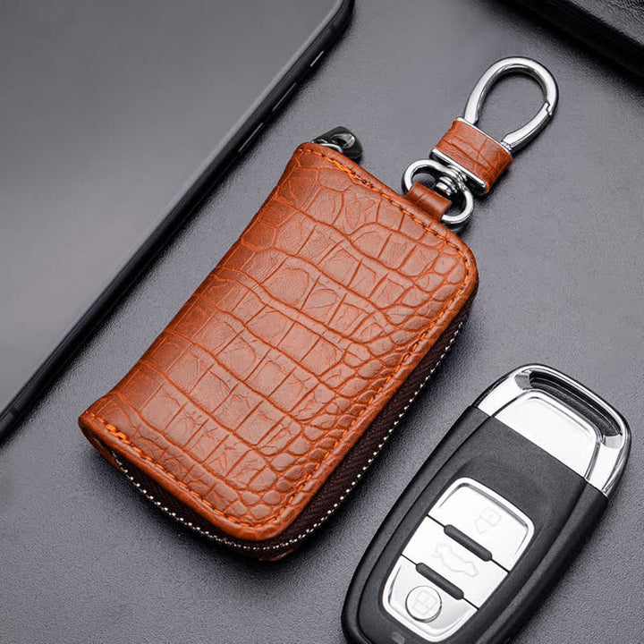 Étui à clés de voiture en cuir avec fermeture éclair et motif alligator - Brun - image 6