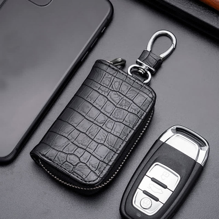 Étui à clés de voiture en cuir avec fermeture éclair et motif alligator - Noir - image 4