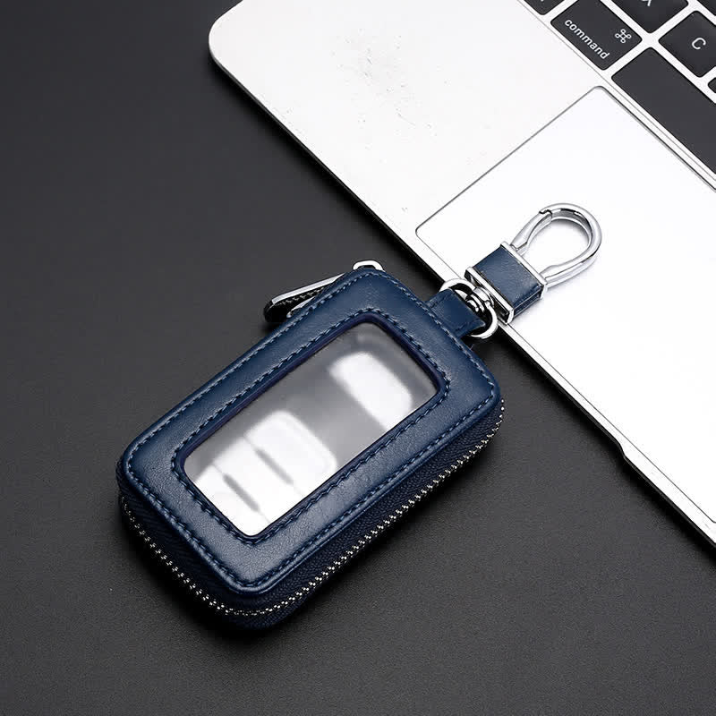 Étui à clés en cuir pratique avec fenêtre transparente et fermeture éclair - Bleu - image 9
