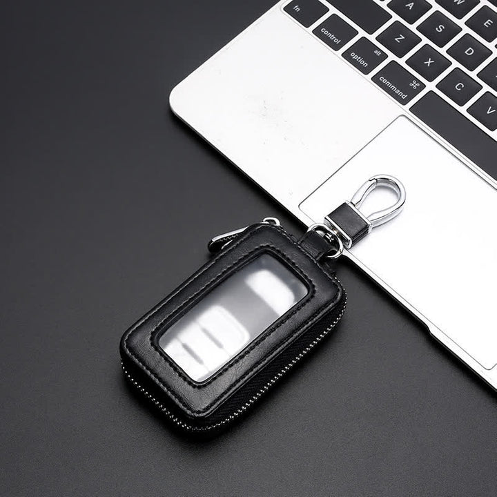 Étui à clés en cuir pratique avec fenêtre transparente et fermeture éclair - Noir - image 2