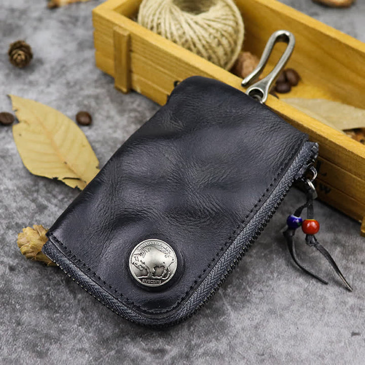 Portefeuille à fermeture éclair médiéval vintage en cuir avec porte-clés - Noir - image 12