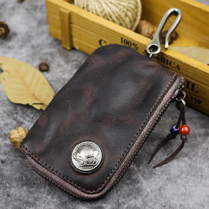 Portefeuille à fermeture éclair médiéval vintage en cuir avec porte-clés - Café - image 14