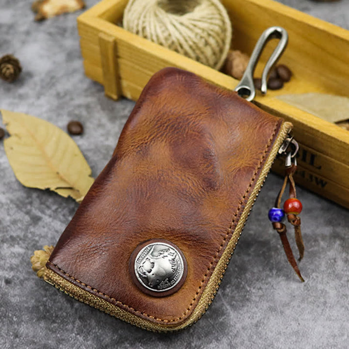 Portefeuille à fermeture éclair médiéval vintage en cuir avec porte-clés - Brun - image 0