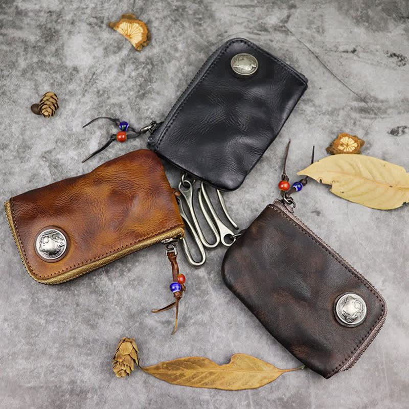 Portefeuille à fermeture éclair médiéval vintage en cuir avec porte-clés - image 2