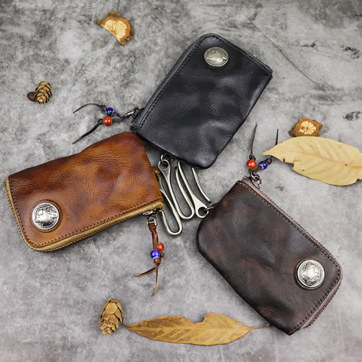 Portefeuille à fermeture éclair médiéval vintage en cuir avec porte-clés - image 2