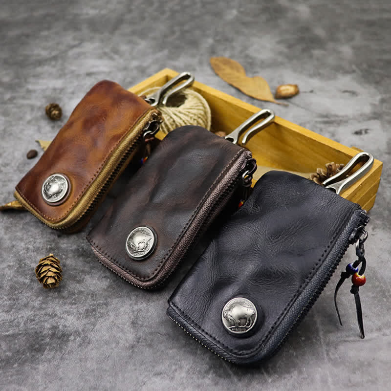 Portefeuille à fermeture éclair médiéval vintage en cuir avec porte-clés - image 1