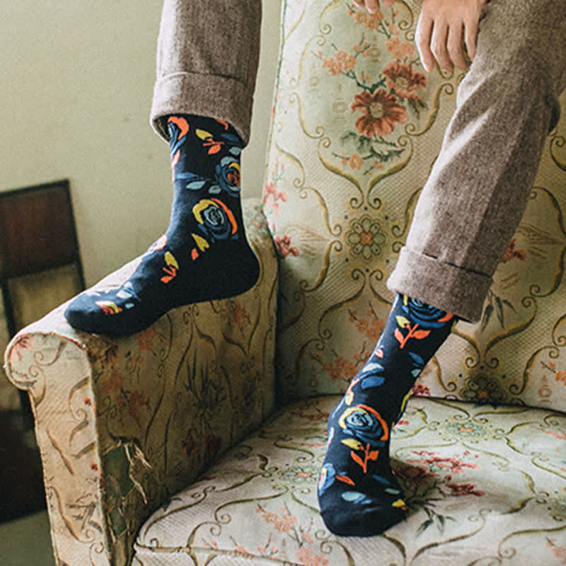 Chaussettes ras du cou pour homme avec roses bleu marine et bleu sauvage