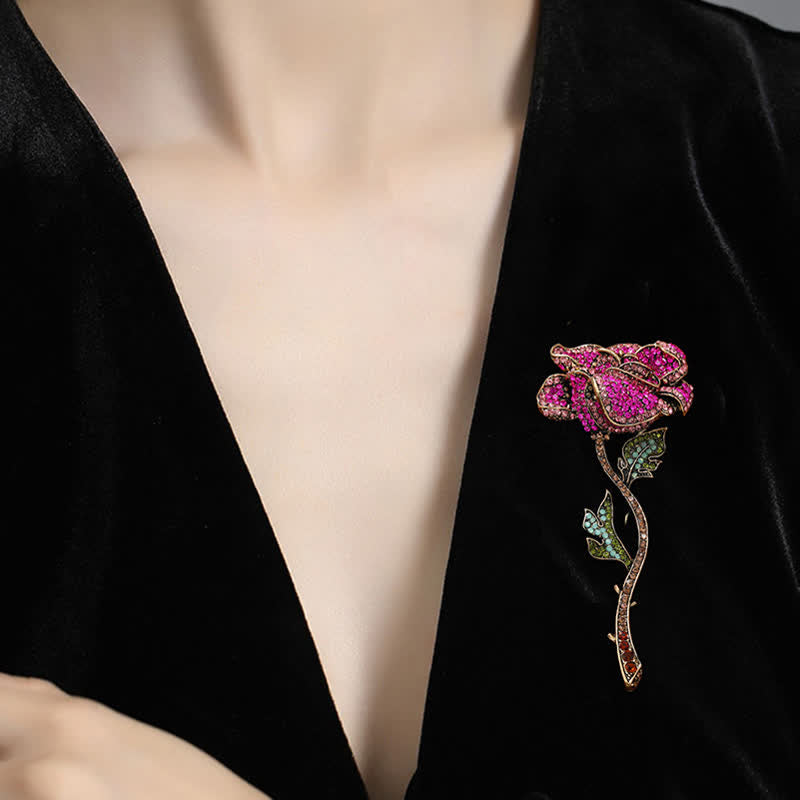 Broche longue branche de rose en strass pour femme