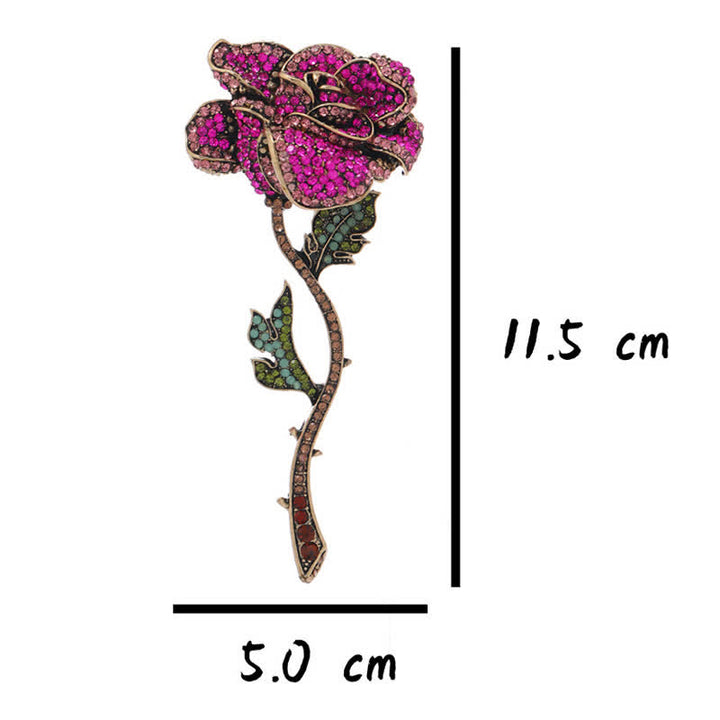 Broche longue branche de rose en strass pour femme