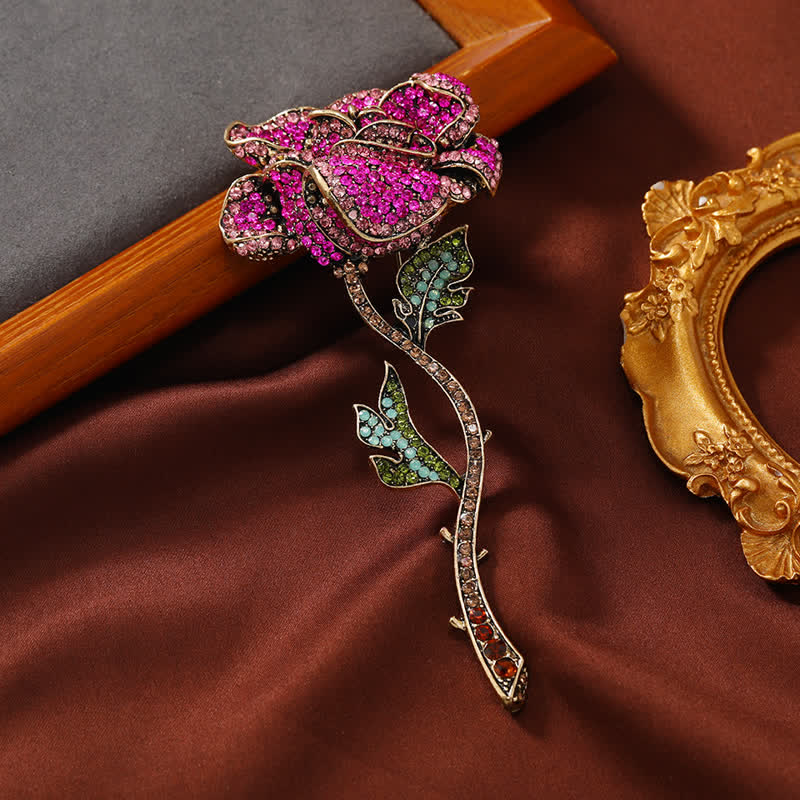 Broche longue branche de rose en strass pour femme