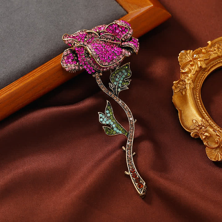 Broche longue branche de rose en strass pour femme