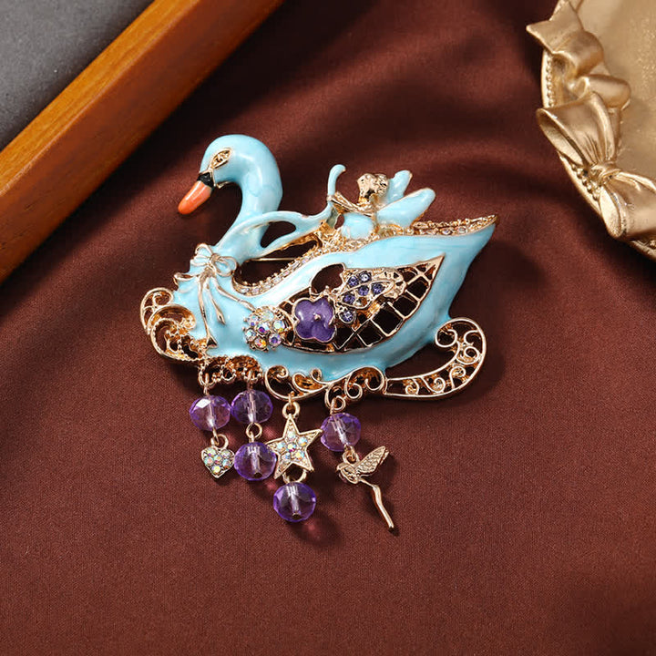 Broche creuse à pompons en forme de cygne féerique pour femme