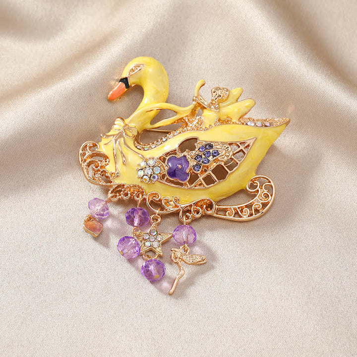 Broche creuse à pompons en forme de cygne féerique pour femme