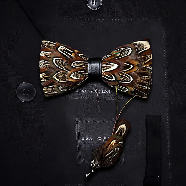 Nœud papillon en plumes de faisan marron pour enfant avec épingle à revers