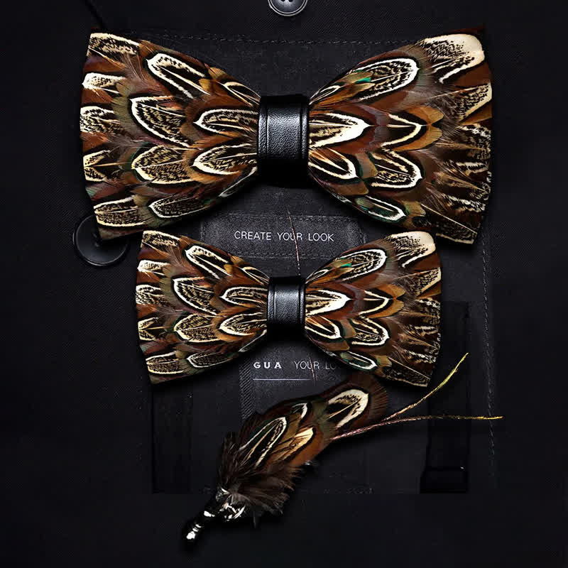 Nœud papillon en plumes de faisan marron pour enfant avec épingle à revers