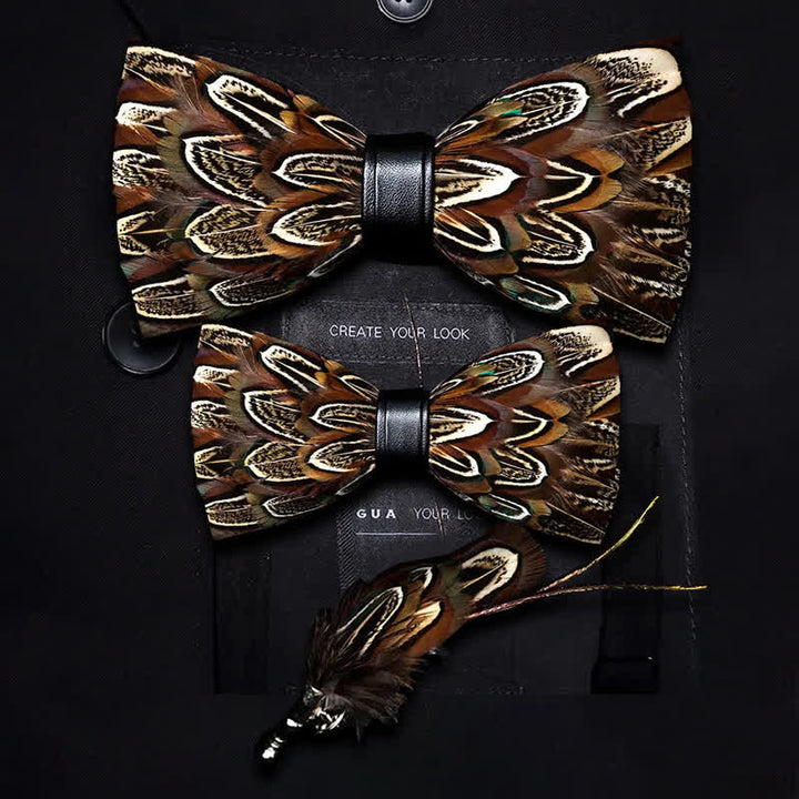 Nœud papillon en plumes de faisan marron pour enfant avec épingle à revers