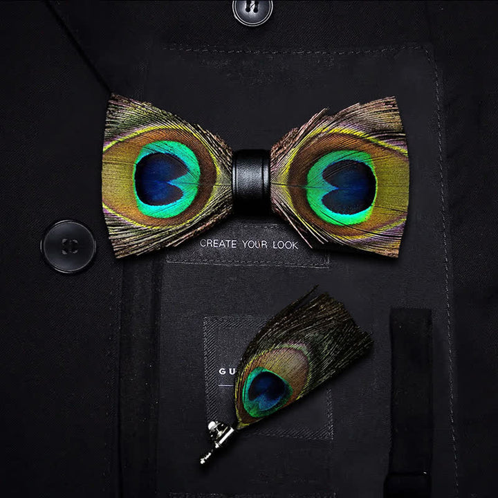 Nœud papillon en plumes de paon vert pour enfant avec épingle à revers