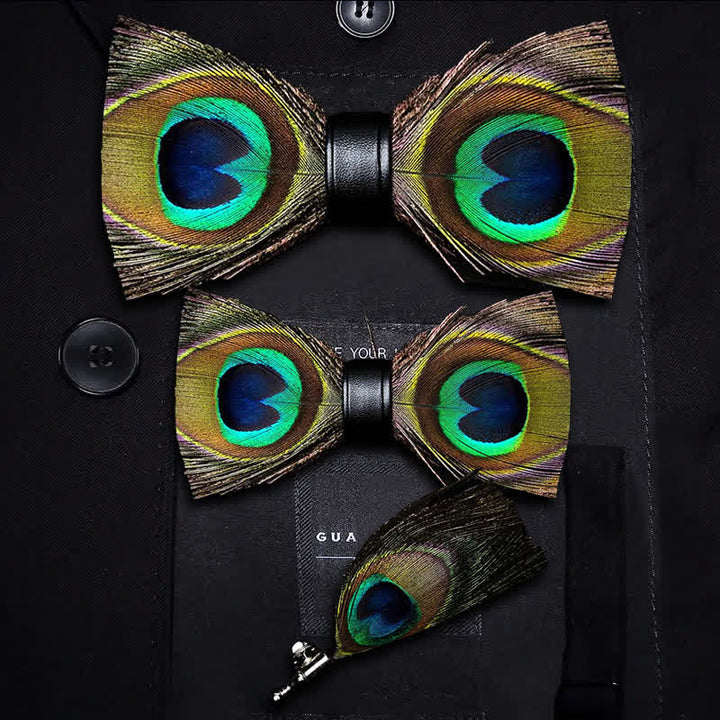 Nœud papillon en plumes de paon vert pour enfant avec épingle à revers