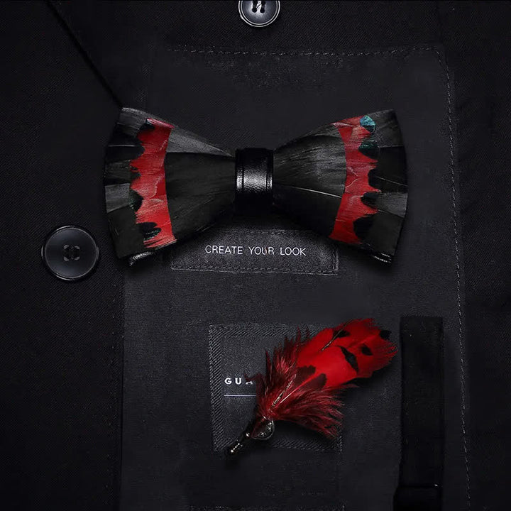 Nœud papillon en plumes de cygne noir et rouge pour enfant avec épingle à revers